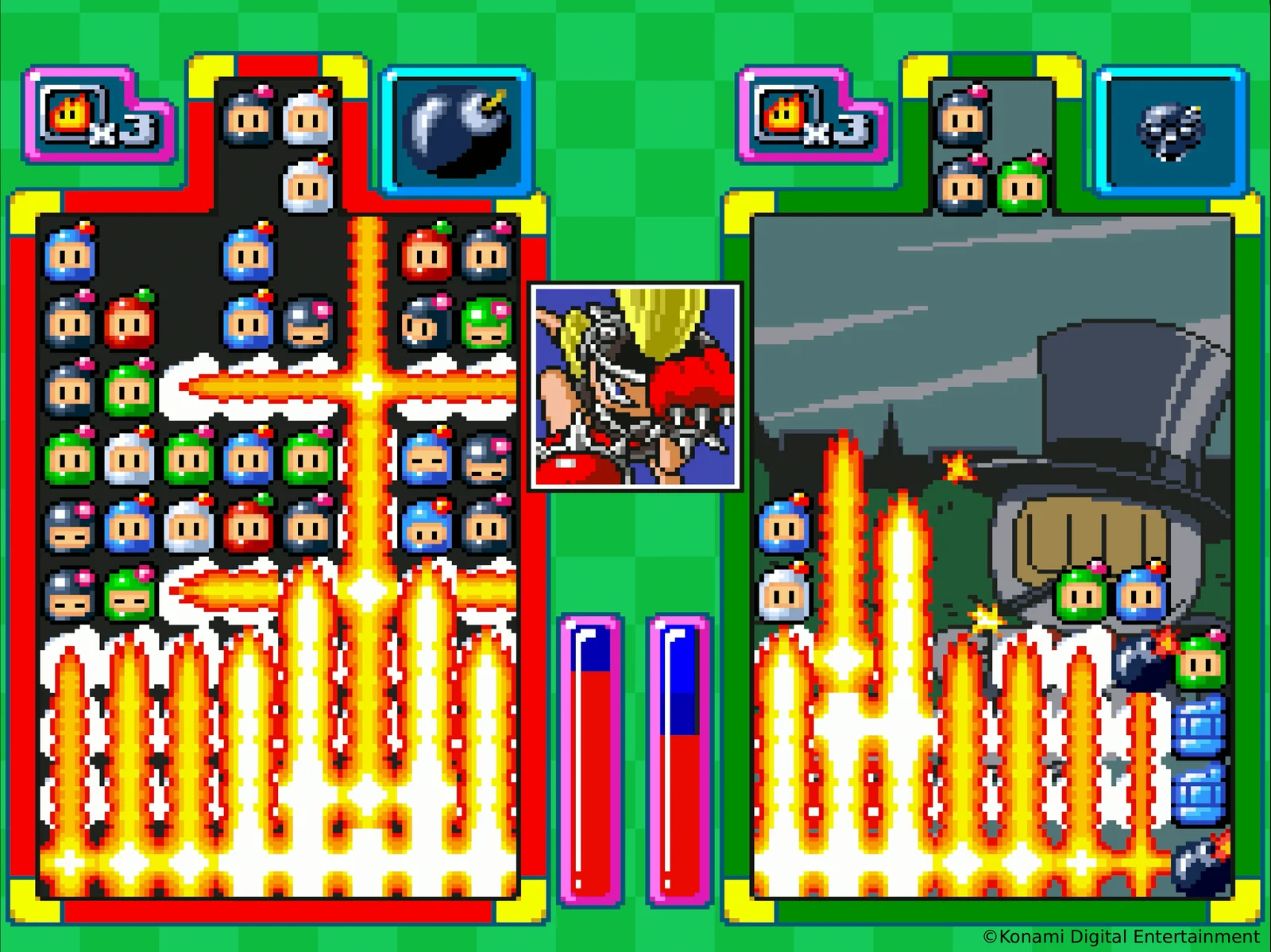 Capture de Panic Bomber W : deux puits côte à côte remplis de têtes de Bomberman de couleurs, traversés d'explosions en croix et en colonnes, avec au centre le portrait d'un personnage casqué aux cheveux blonds et la mention Konami Digital Entertainment en bas à droite