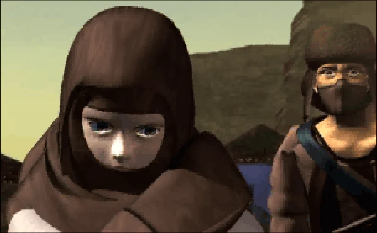 Capture d'une cinématique de Panzer Dragoon Saga : un personnage encapuchonné et un homme au visage masqué au premier plan, devant un paysage de collines