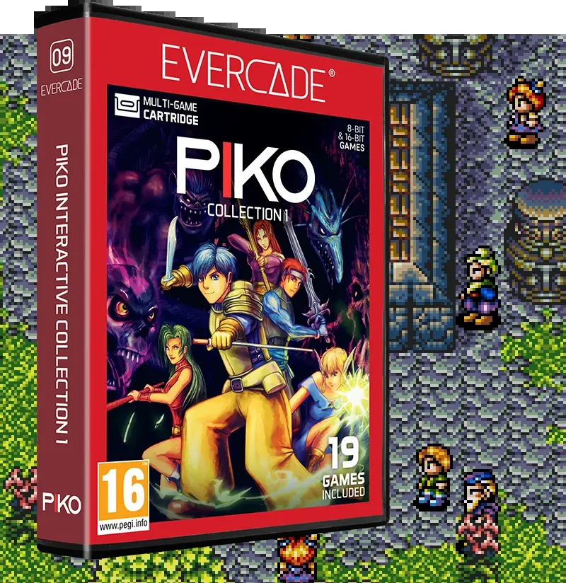 Jaquette de la cartouche Piko Interactive Collection 1 pour Evercade, boîtier rouge numéro 9 illustré de plusieurs personnages de jeux de rôle armés face à des créatures menaçantes