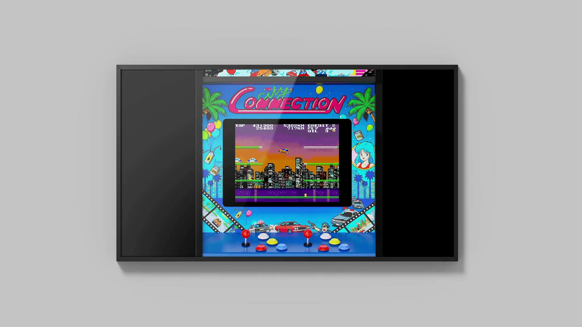 Écran de City Connection sur un téléviseur : une partie en cours, entourée d'un habillage de borne illustré de palmiers et du logo City Connection