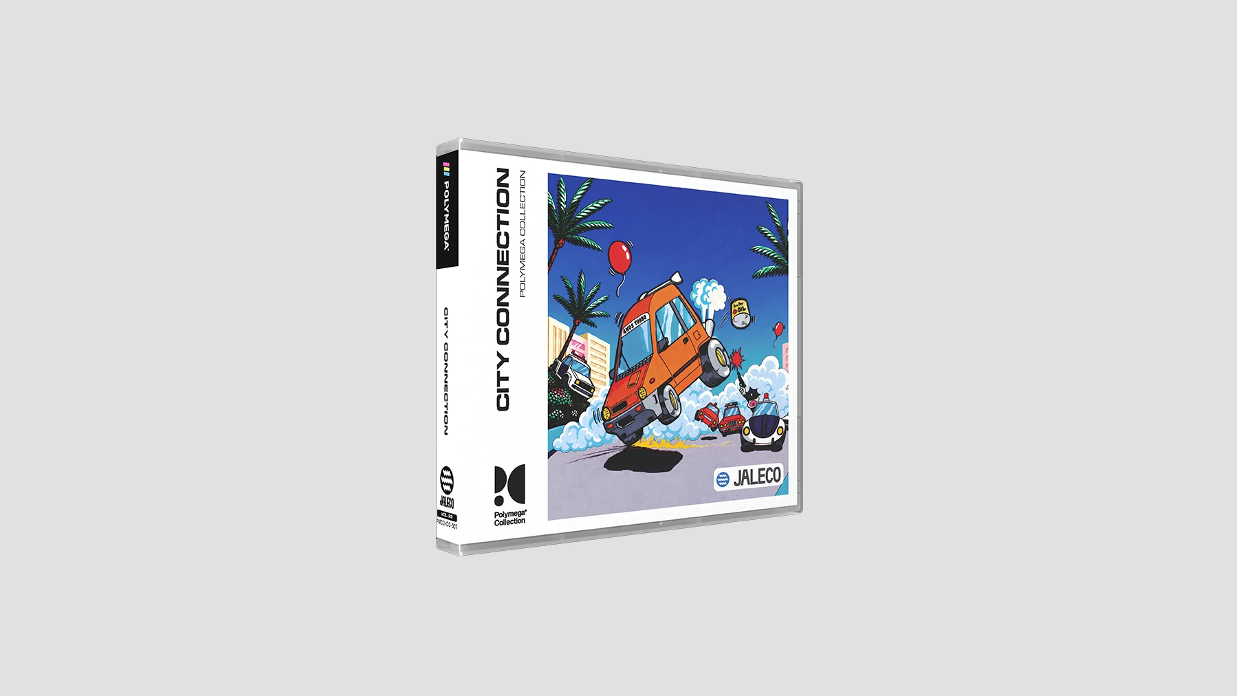 Boîtier de Polymega Collection Vol. 23 City Connection : une jaquette blanche illustrée d'une petite voiture orange qui bondit dans une rue, avec le logo Jaleco