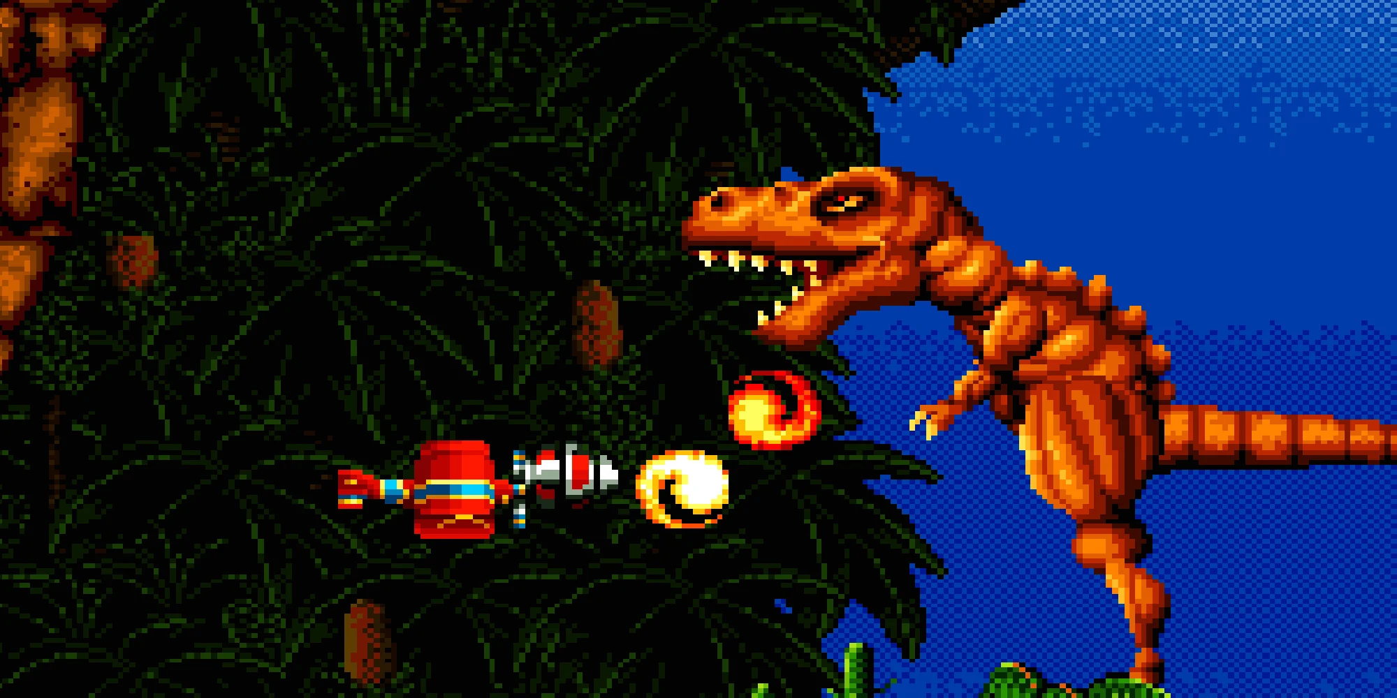 Visuel de Prehistoric Isle en pixel art : un avion rouge et deux boules de feu tournoyantes face à un dinosaure orange à la gueule ouverte, devant une jungle sombre et un ciel bleu