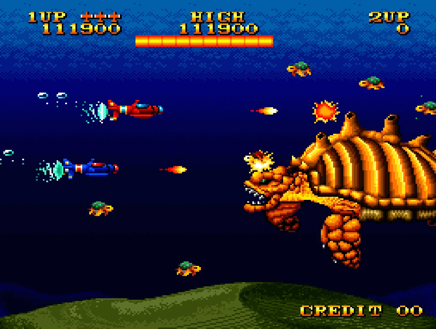 Capture de Prehistoric Isle sous l'eau : deux engins, un rouge et un bleu, tirent sur une tortue géante à carapace orange