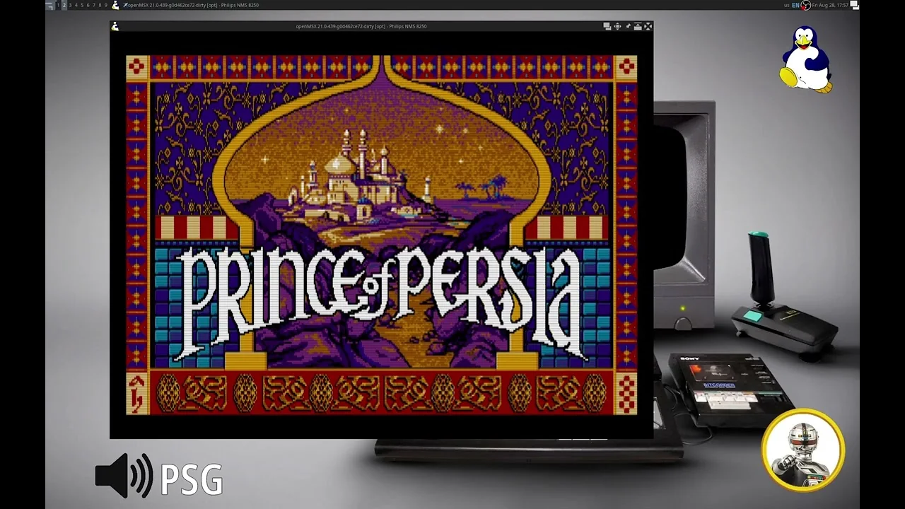 Capture de la vidéo de démonstration montrant l'écran-titre de Prince of Persia tournant sur l'émulateur openMSX