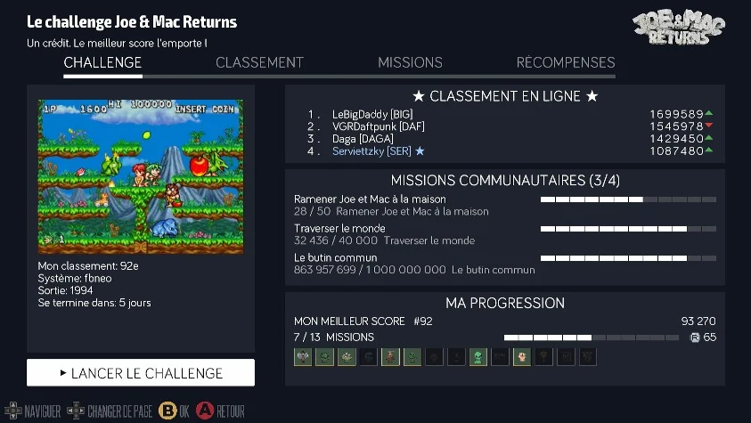 Capture du challenge Joe & Mac Returns : une image du jeu, le classement en ligne, trois missions communautaires et la progression du joueur
