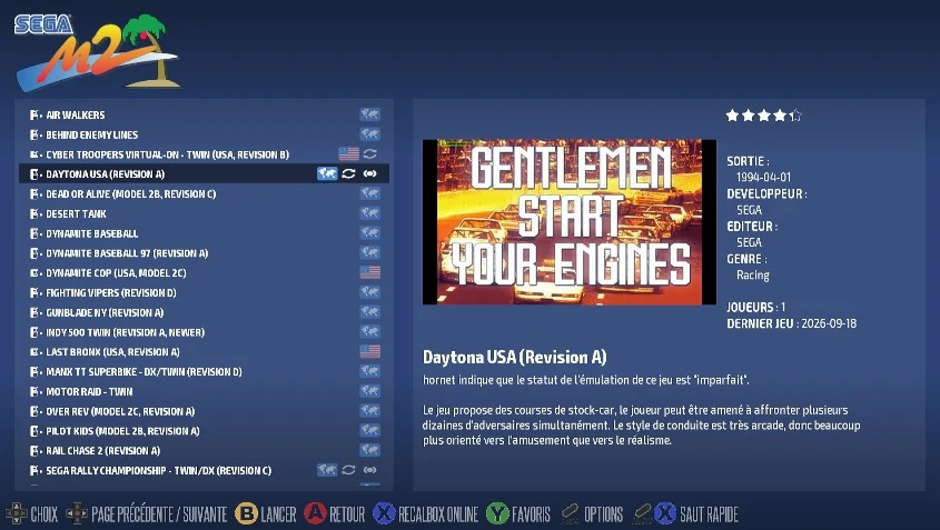 Capture de Recalbox 11 : la liste des jeux Sega Model 2, Daytona USA (Revision A) sélectionné, avec sa vignette marquée Gentlemen start your engines, sa fiche et la mention d'un statut d'émulation imparfait