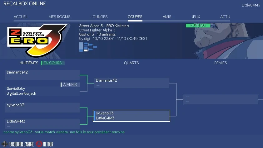 Capture de l'onglet Coupes de Recalbox Online : le tableau d'un tournoi de Street Fighter Alpha 3 à dix participants, en huitièmes de finale