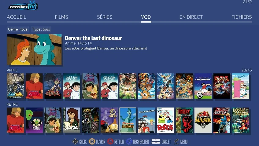 Capture de Recalbox TV : l'onglet VOD, la fiche du dessin animé Denver the last dinosaur proposé par Pluto TV, puis deux rangées d'affiches, Anime et Retro