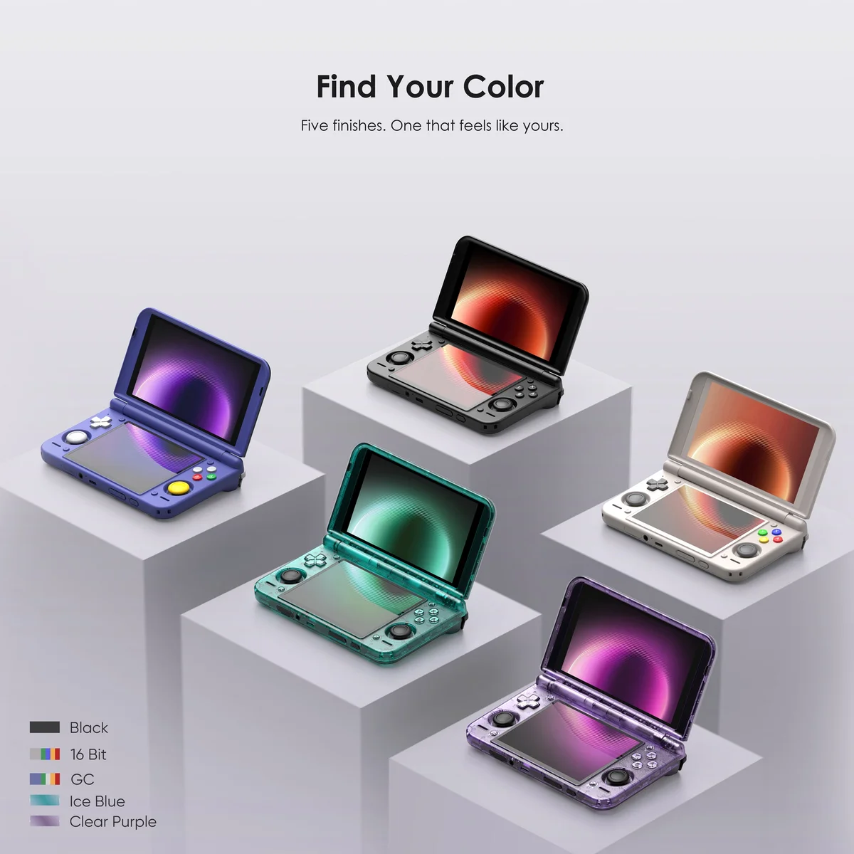 Visuel de Retroid : cinq Retroid Pocket Duo ouvertes sur des socles, en noir, 16 Bit, GC, Ice Blue et Clear Purple, sous le titre Find Your Color