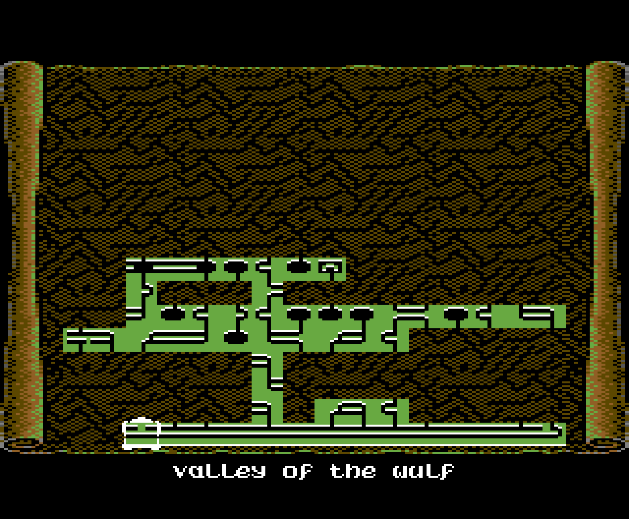 Capture de Sabre Wulf Remastered : la carte de la jungle sur un parchemin, dont seule une partie est tracée en vert, avec le titre Valley of the Wulf