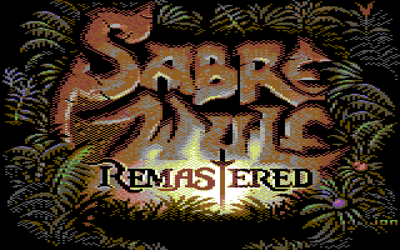 Écran titre de Sabre Wulf Remastered en pixel art : le titre en grandes lettres brunes au milieu d'un feuillage de jungle, au-dessus du mot Remastered