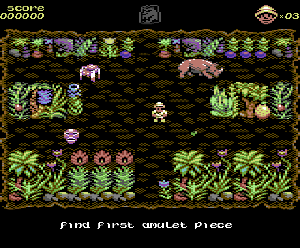 Capture de Sabre Wulf Remastered : un rhinocéros brun en haut d'une clairière de jungle, l'explorateur au centre et une petite créature rose