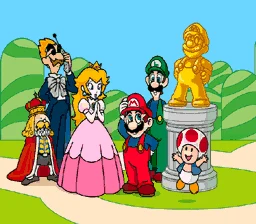 Mario, entouré de la princesse Peach, de Luigi, de Toad, du roi de Subcon et d'un second personnage en tenue bleue à large col blanc, pose devant une statue dorée à son effigie posée sur un piédestal, dans un décor de collines vertes