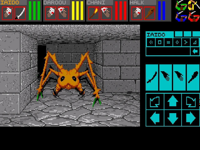 Capture de Dungeon Master : une araignée géante orange au milieu d'un couloir de pierre