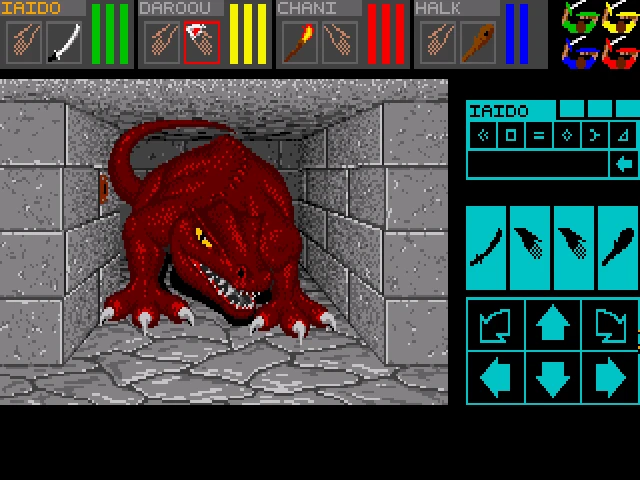 Capture de Dungeon Master : un dragon rouge accroupi dans un couloir de pierre grise, les portraits des quatre champions en haut et les commandes de déplacement à droite