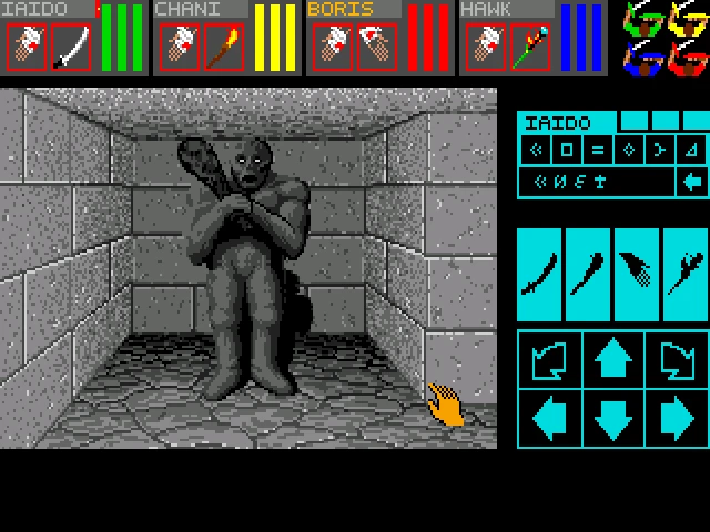 Capture de Dungeon Master : une créature grise massive tenant une massue, au fond d'un couloir de pierre