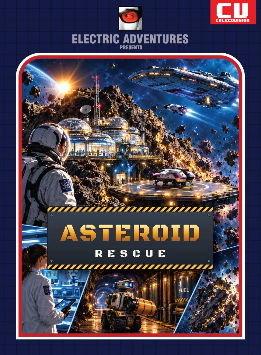 Jaquette d'Asteroid Rescue en version ColecoVision : un astronaute devant une base installée sur un astéroïde, des vaisseaux dans le ciel étoilé, le titre au centre