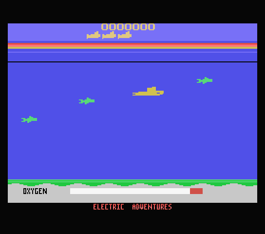 Capture de Seaquest 99 : un sous-marin jaune et trois requins verts dans une mer bleue, la jauge d'oxygène en bas de l'écran