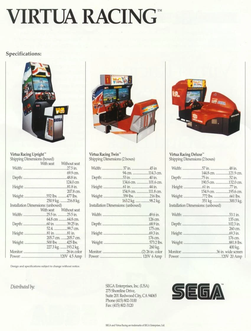 Fiche technique Sega présentant les trois bornes d'arcade de Virtua Racing (Upright, Twin et Deluxe) avec leurs dimensions et caractéristiques