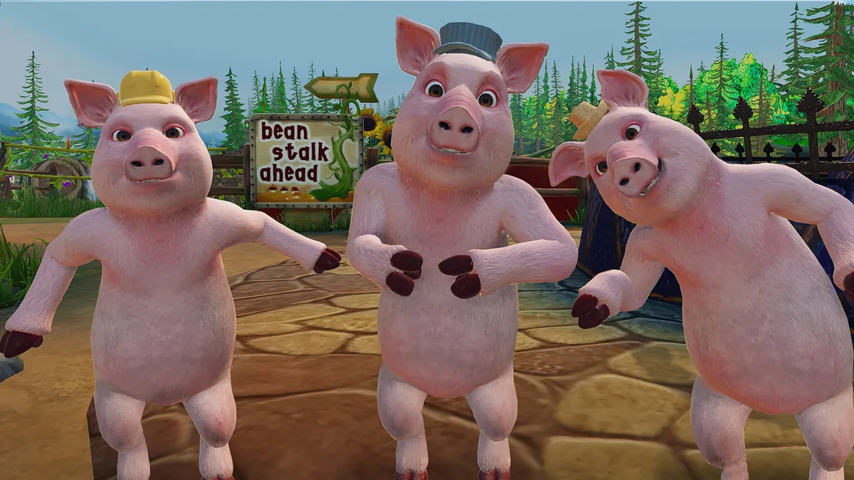Capture de Shrek 2 Remastered : trois cochons debout côte à côte devant une clôture et un panneau bean stalk ahead