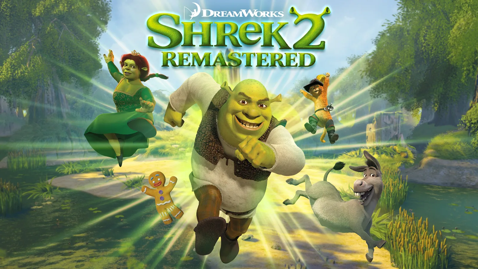 Illustration de Shrek 2 Remastered : Shrek court vers le spectateur dans un sous-bois baigné de lumière, entouré de Fiona, de l'âne, d'un chat botté et d'un bonhomme en pain d'épice, sous le logo DreamWorks Shrek 2 Remastered