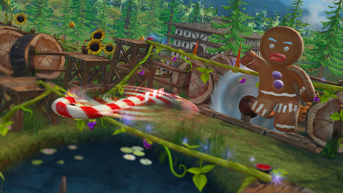 Capture de Shrek 2 Remastered : un bonhomme en pain d'épice court sur une passerelle de bois, avec une mare au premier plan et un sucre d'orge rouge et blanc lancé dans les airs