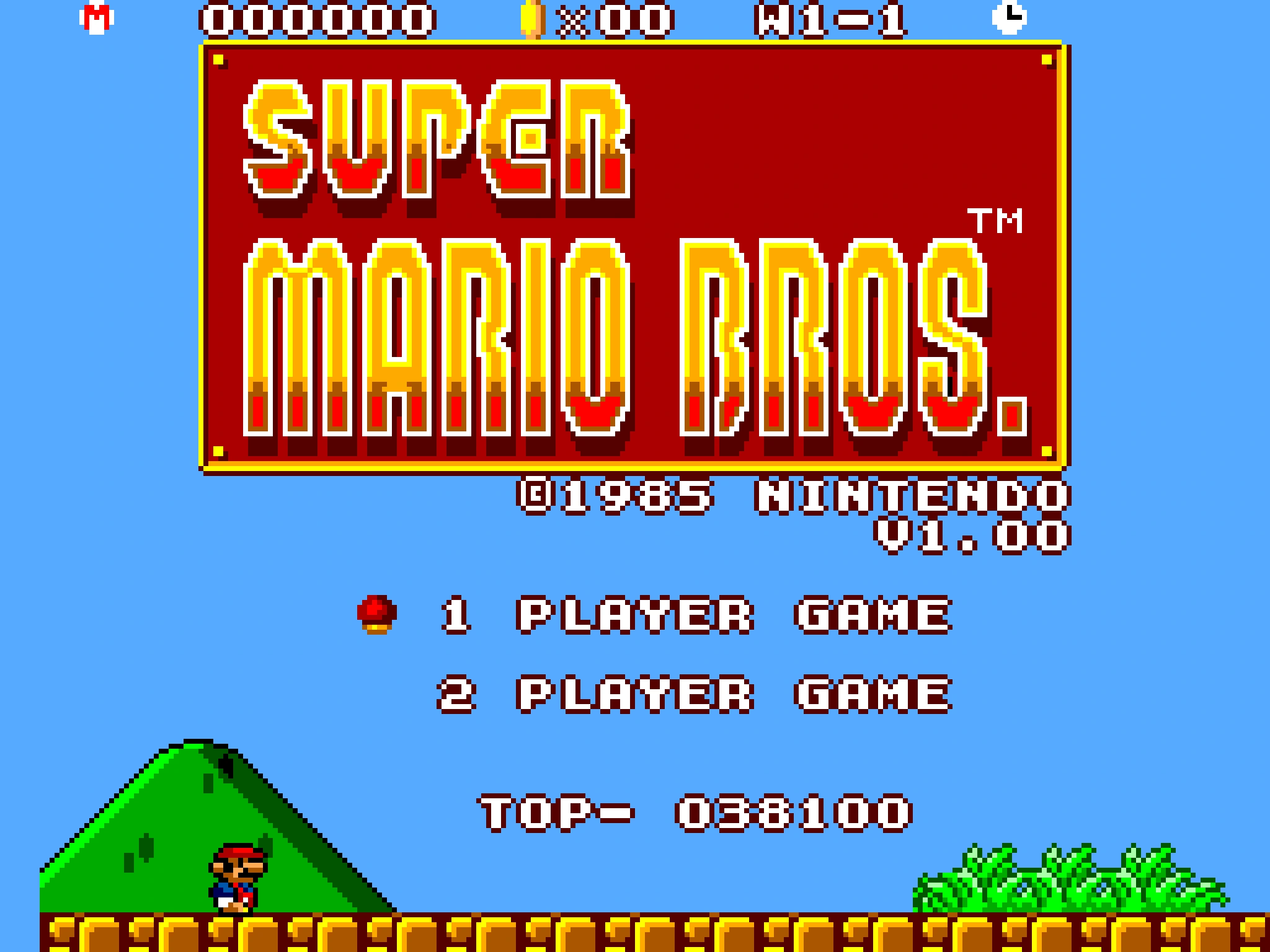Écran-titre de Super Mario Bros. SMS Port affichant la mention copyright 1985 Nintendo et le numéro de version 1.00
