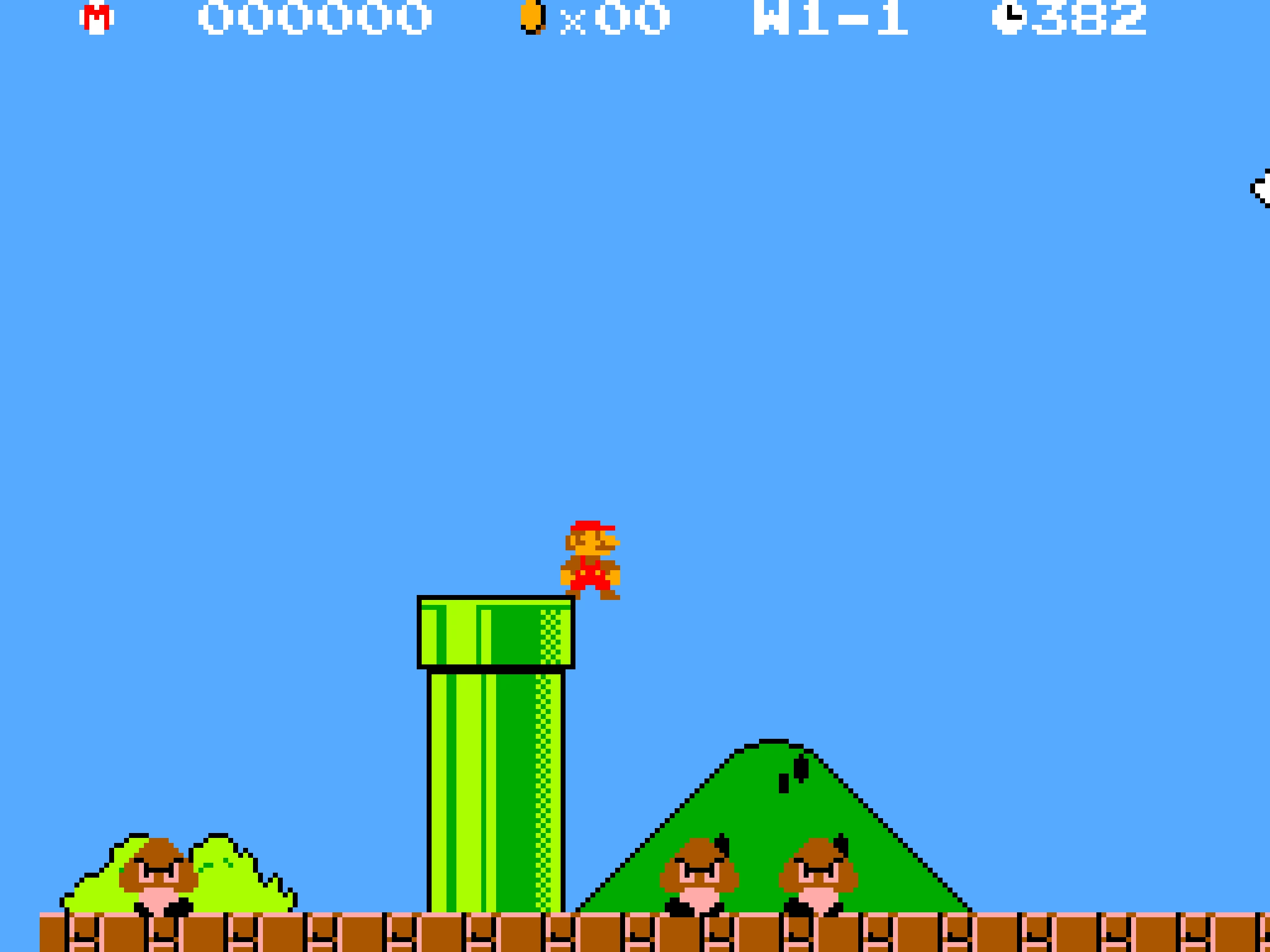Le monde 1-1 de Super Mario Bros. tel qu'affiché par défaut sur Sega Master System, proche du rendu NES original