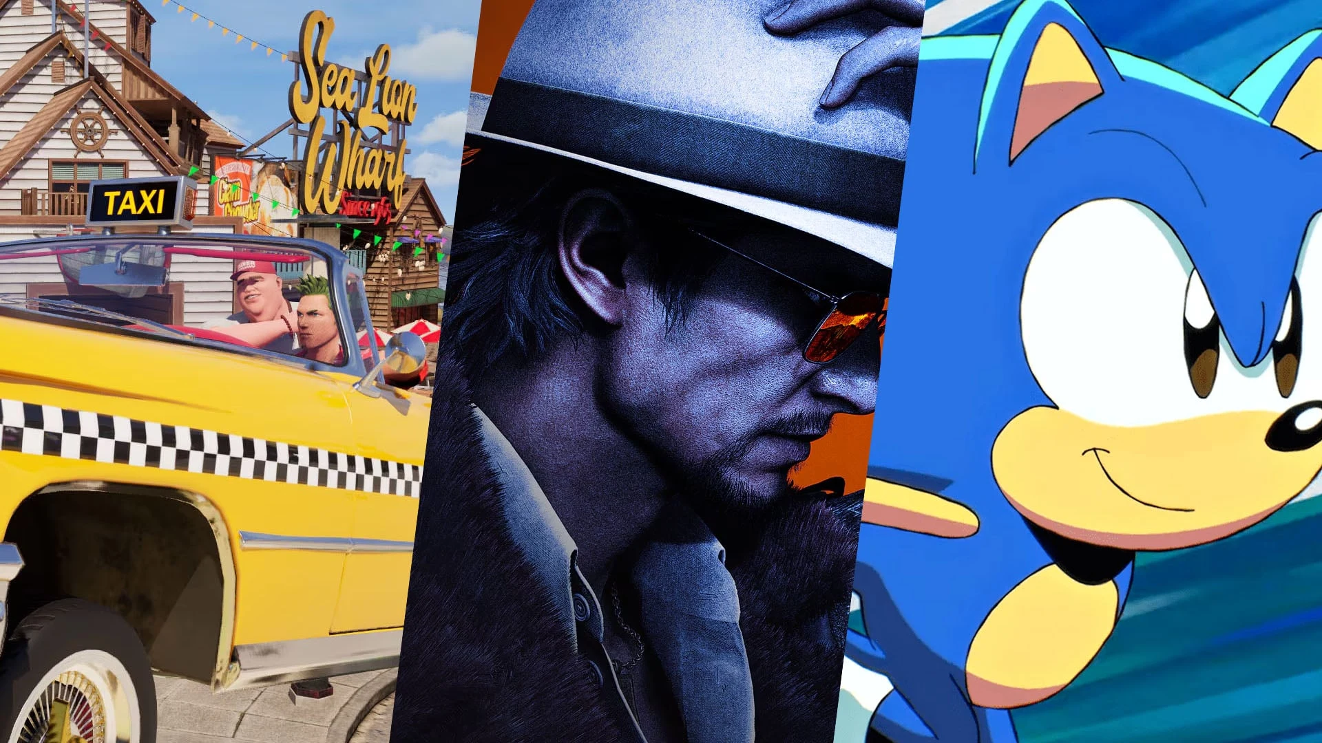 Image composite en trois panneaux : à gauche un taxi jaune à damier de Crazy Taxi devant un panneau « Sea Lion Wharf » ; au centre un personnage en chapeau et lunettes de soleil de Stranger Than Heaven ; à droite Sonic the Hedgehog en gros plan dans un style d'animation