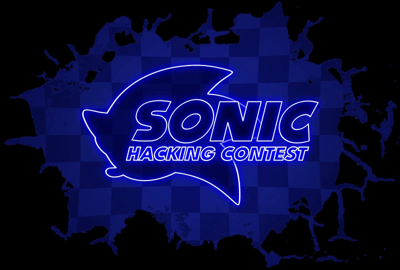 Logo du Sonic Hacking Contest, une silhouette de la tête de Sonic tracée en bleu lumineux sur un damier bleu, dans une éclaboussure posée sur un fond noir
