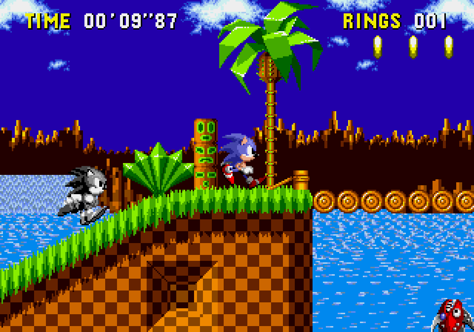 Capture de Sonic 1 But Your Past Haunts You : Sonic court sur l'herbe à damier, suivi d'une copie de lui-même en gris