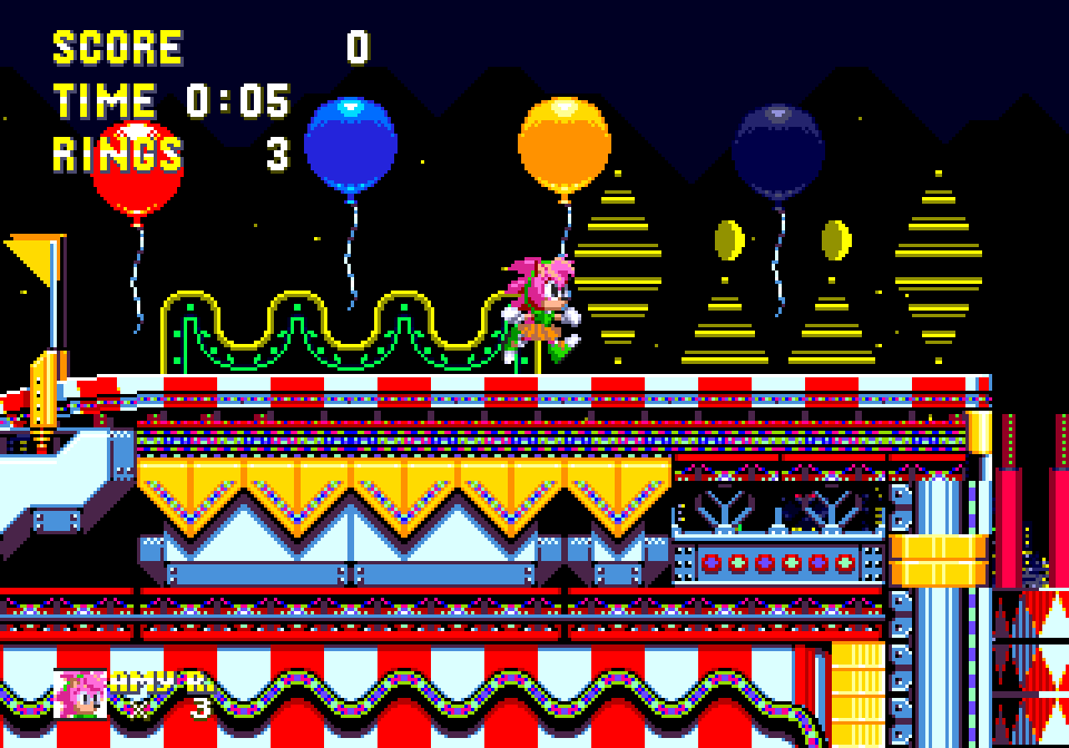 Capture de Sonic 3 Unlocked : Amy Rose sur une plateforme rayée rouge et blanc, devant des ballons colorés et un fond de nuit