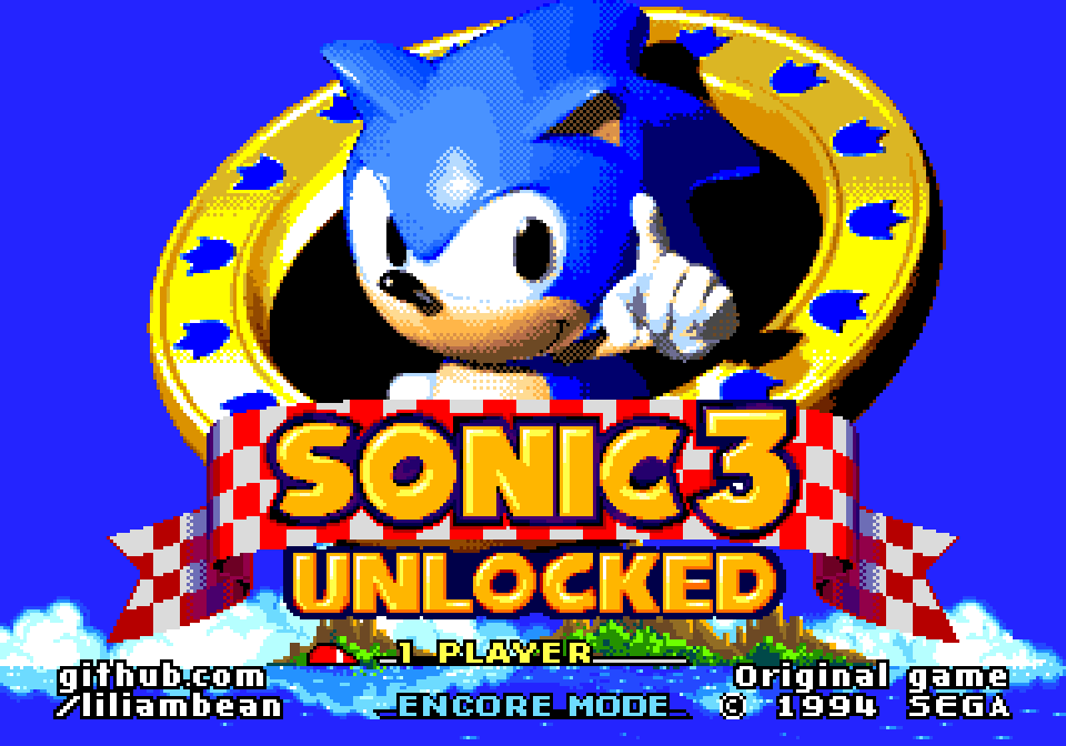 Écran titre de Sonic 3 Unlocked : Sonic dans un anneau doré, au-dessus d'un bandeau à damier rouge et blanc