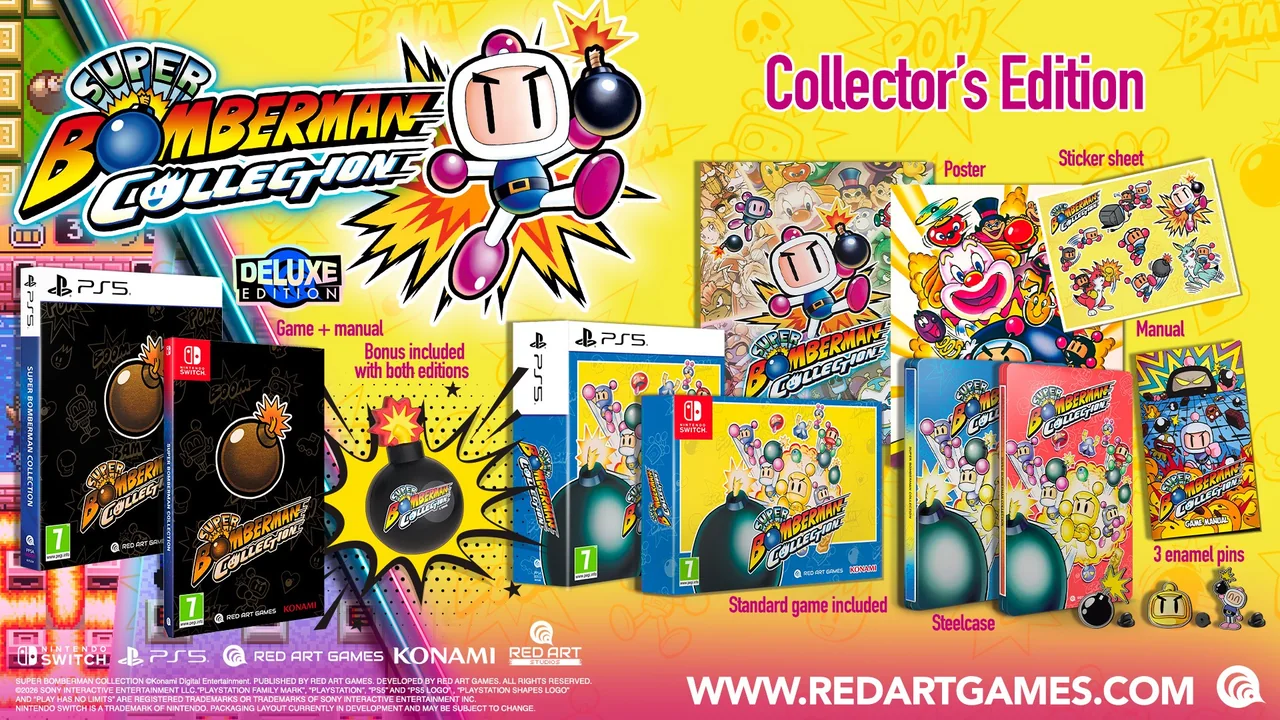 Visuel de l'édition Collector : les boîtes Deluxe PS5 et Switch, des boîtes aux couleurs jaune et bleue, deux boîtiers métalliques bleu et rose, une affiche avec un clown, une planche d'autocollants, la notice, trois pin's et une balle en forme de bombe