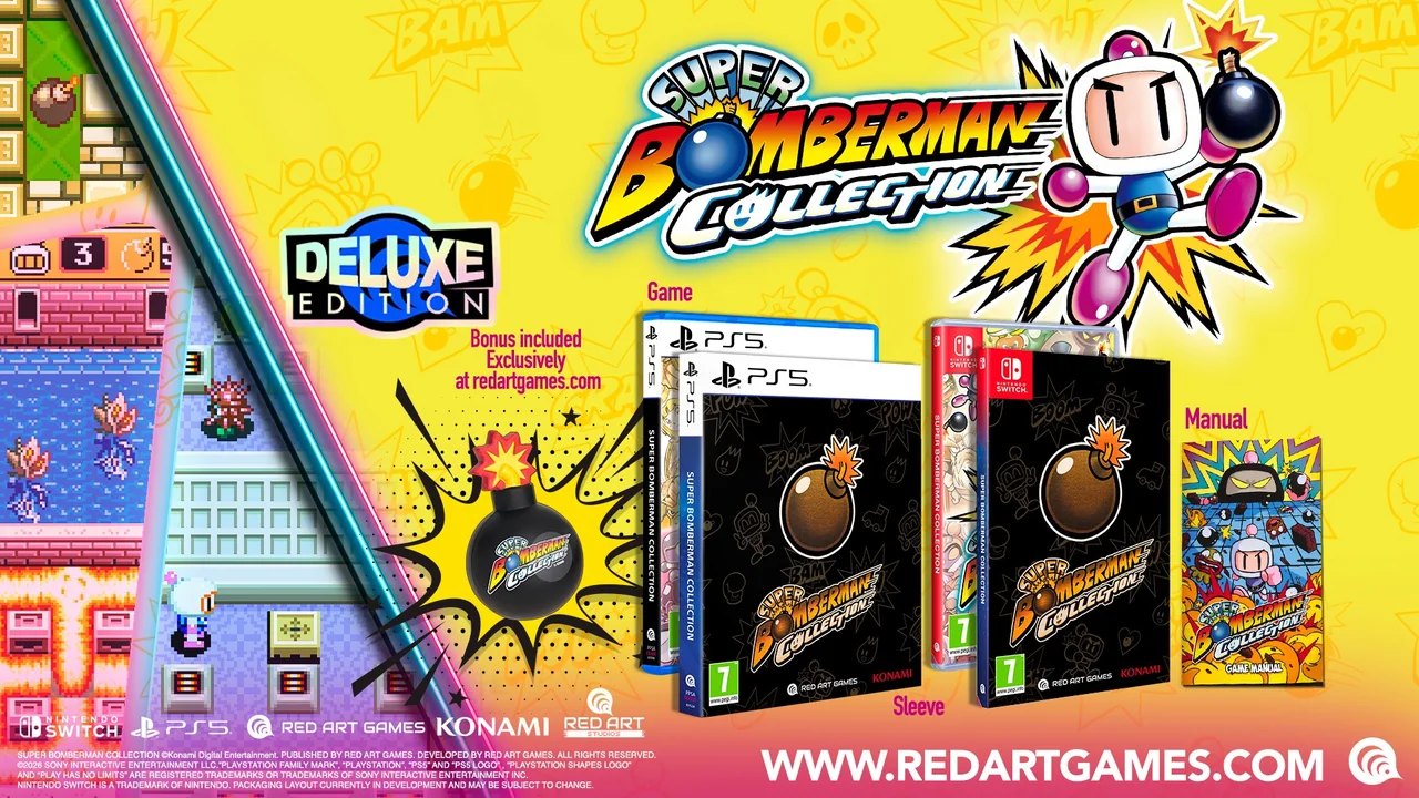 Visuel de l'édition Deluxe : deux boîtes PS5 et deux boîtes Switch, dont les deux du premier plan sous un fourreau noir orné d'une bombe et du logo, une balle en forme de bombe marquée du logo et la notice, sur fond jaune