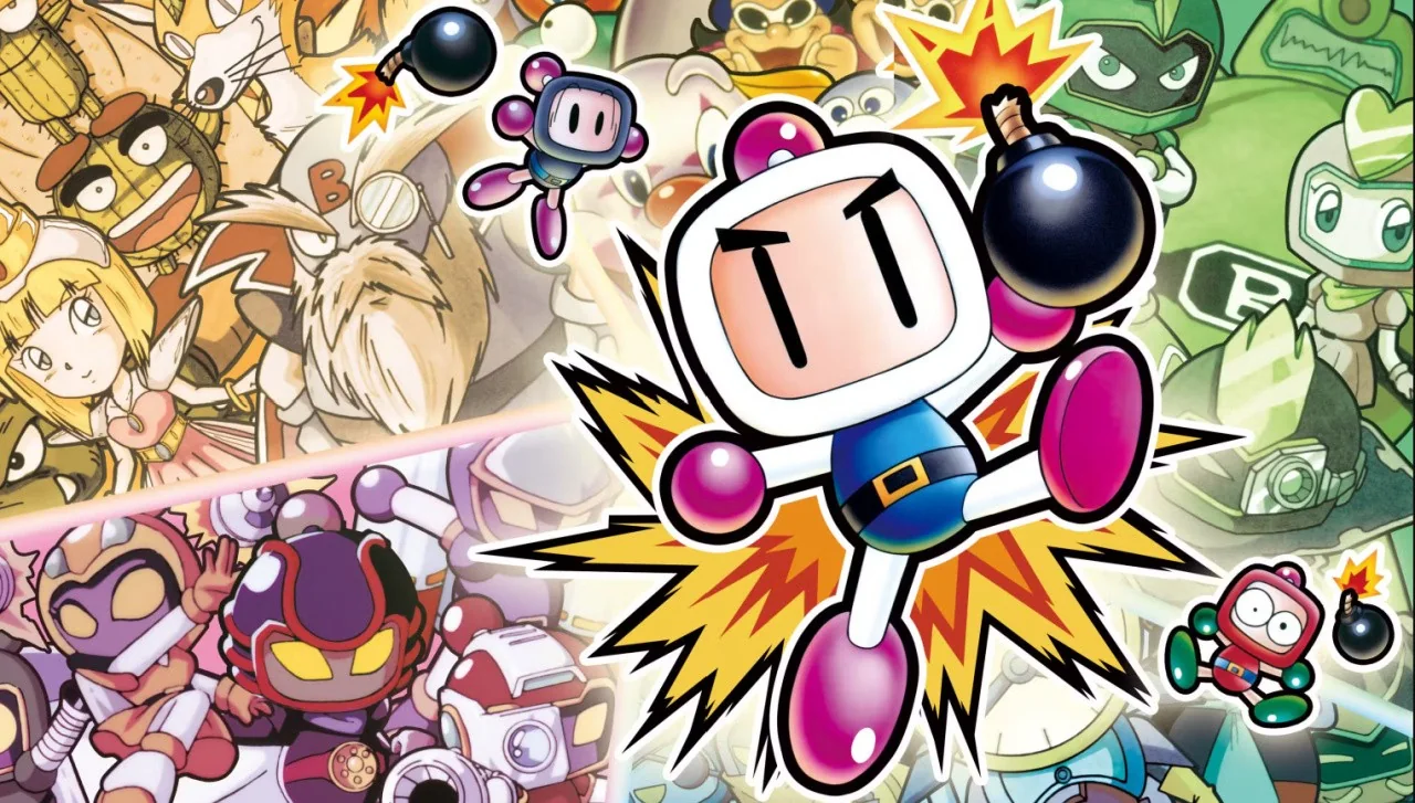 Illustration de la compilation : Bomberman, casque blanc, gants et bottes roses, bondit une bombe à la main devant une explosion jaune, sur un fond de personnages de la série dessinés en couleurs pâles