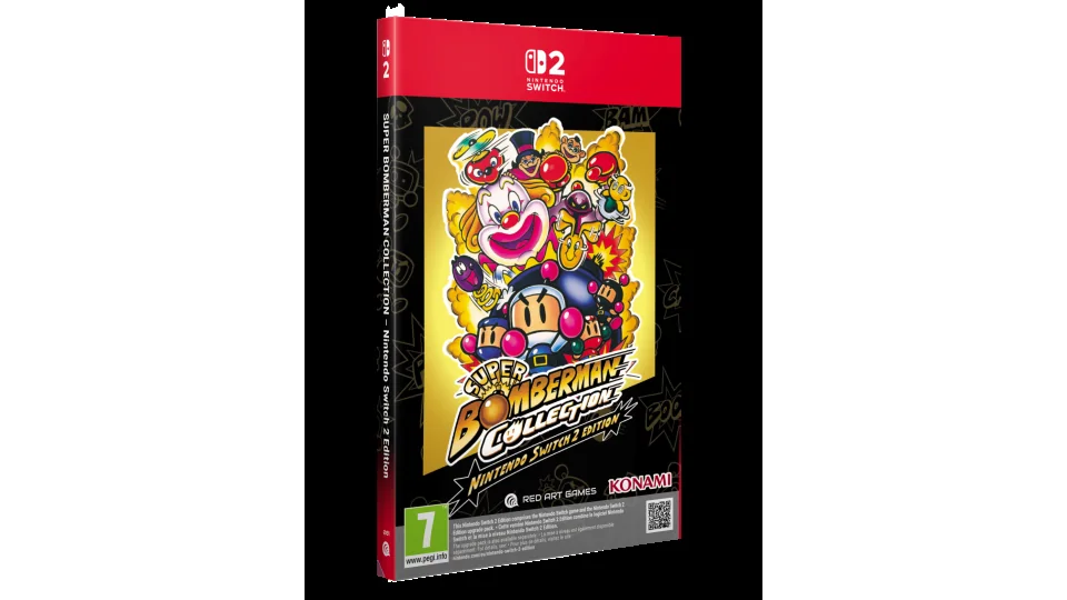La boîte de la version Switch 2, à bandeau rouge, avec un clown et des personnages de la série sur fond doré, le logo Super Bomberman Collection et la mention Nintendo Switch 2 Edition