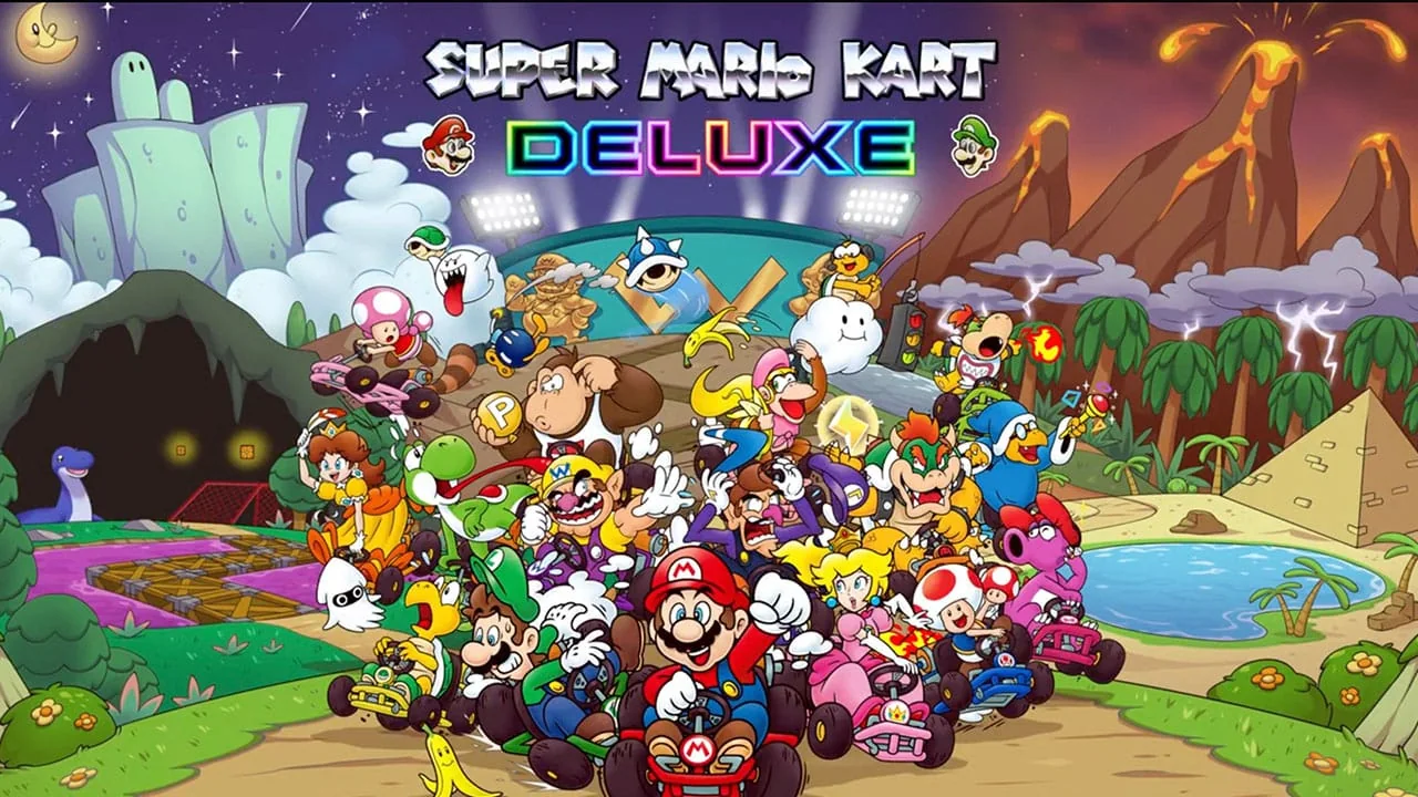 Illustration : le logo SUPER MARIO KART DELUXE au-dessus d'une foule de personnages de l'univers Mario au volant de leurs karts, Mario au premier plan, dans un décor de volcans, de pyramide et de ciel étoilé