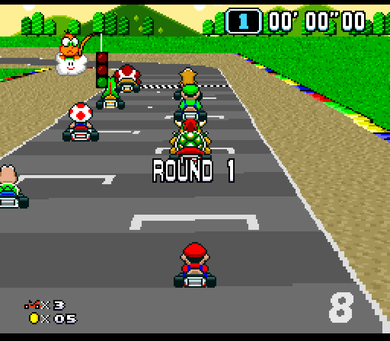 Capture du patch : la grille de départ en plein écran, Mario de dos au premier plan, les rivaux devant lui et l'inscription ROUND 1