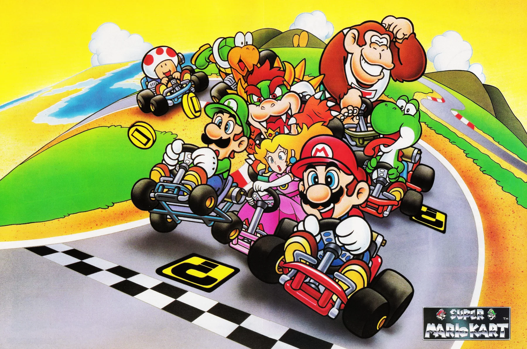 Illustration de Super Mario Kart : Mario en tête d'un peloton de karts sur une piste, suivi de Luigi, Peach, Bowser, Toad, Donkey Kong Jr., Yoshi et Koopa, le logo du jeu en bas à droite