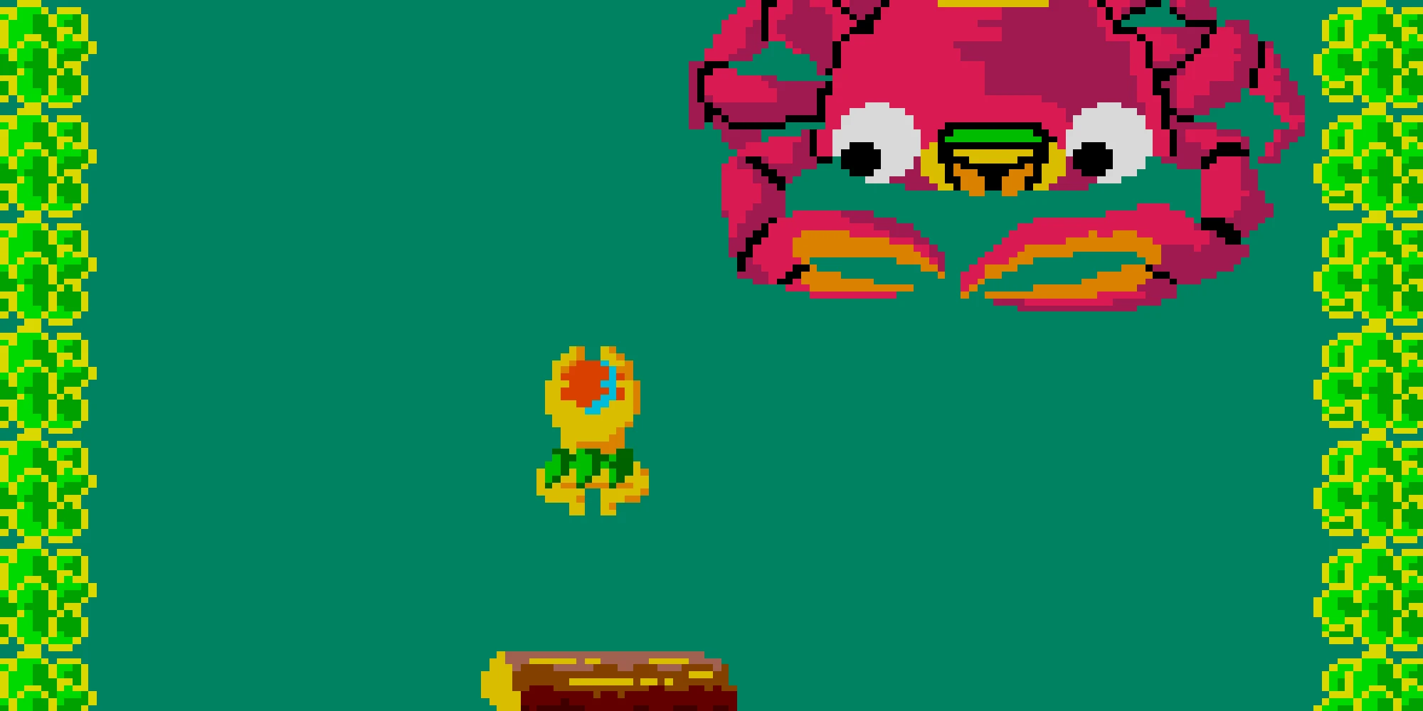 Visuel de Swimmer en pixel art : un nageur jaune dans une eau verte, sous un énorme crabe rose, à côté d'un tronc d'arbre, entre deux rives de feuillage