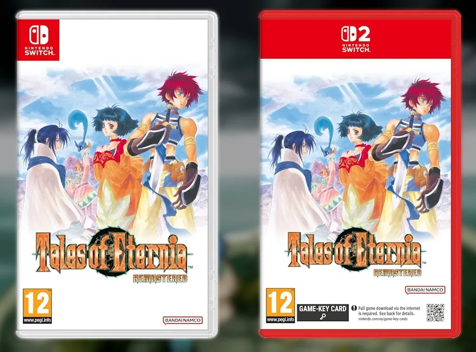 Les boîtes européennes du jeu, côte à côte : à gauche la boîte Nintendo Switch à bandeau blanc, à droite la boîte Nintendo Switch 2 à bandeau rouge, qui porte en bas la mention Game-Key Card et l'avertissement Full game download via the internet is required