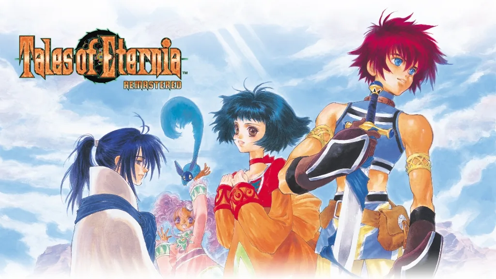 Illustration officielle de Tales of Eternia Remastered : quatre jeunes personnages et une petite créature bleue sous un ciel nuageux, dont un garçon aux cheveux rouges tenant une épée et une fille aux cheveux sombres vêtue d'orange, avec le logo du jeu en haut à gauche
