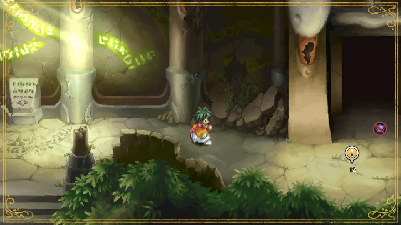 Capture officielle d'une exploration : une jeune fille aux cheveux verts vêtue d'orange avance dans des ruines éclairées par des inscriptions lumineuses vertes, un repère de destination affiché à droite