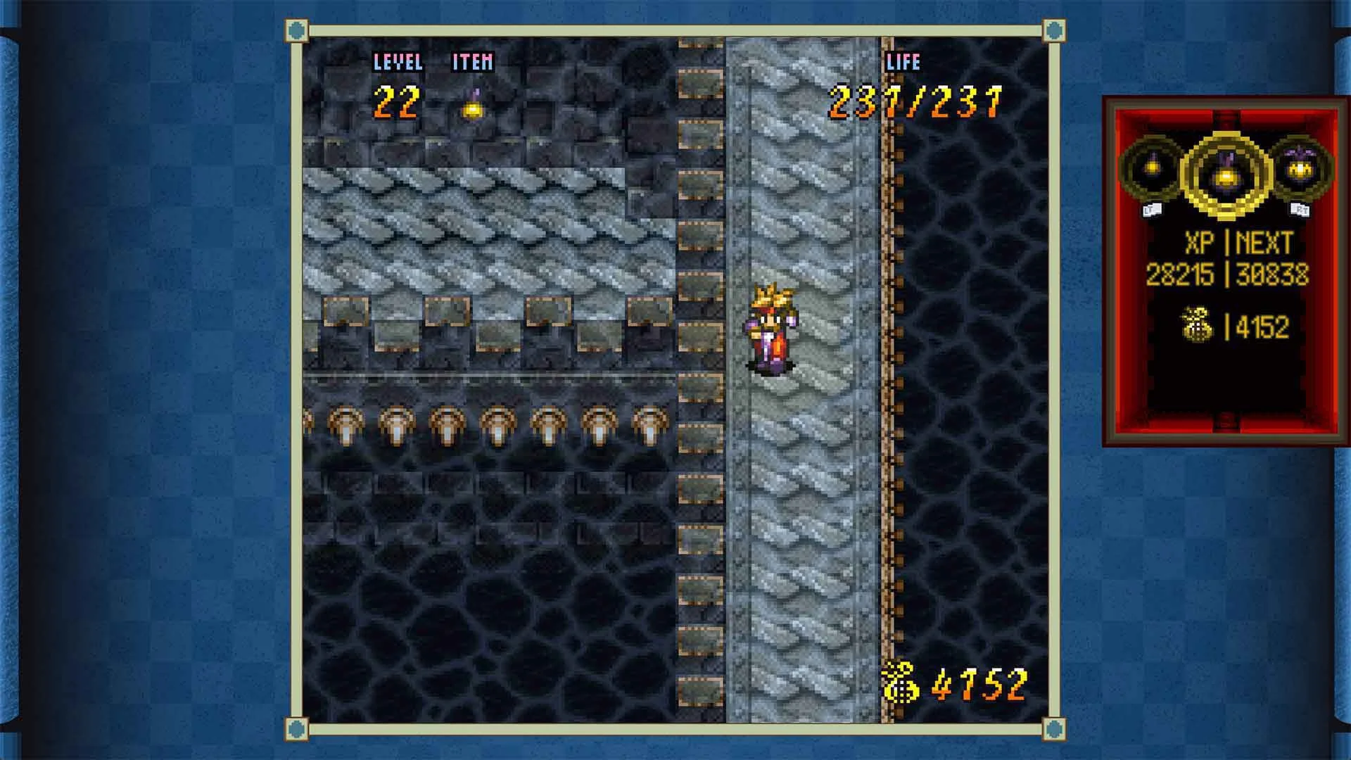 Capture d'écran de la réédition de Terranigma montrant un donjon vu de dessus, avec l'interface de niveau, de vie et d'objets