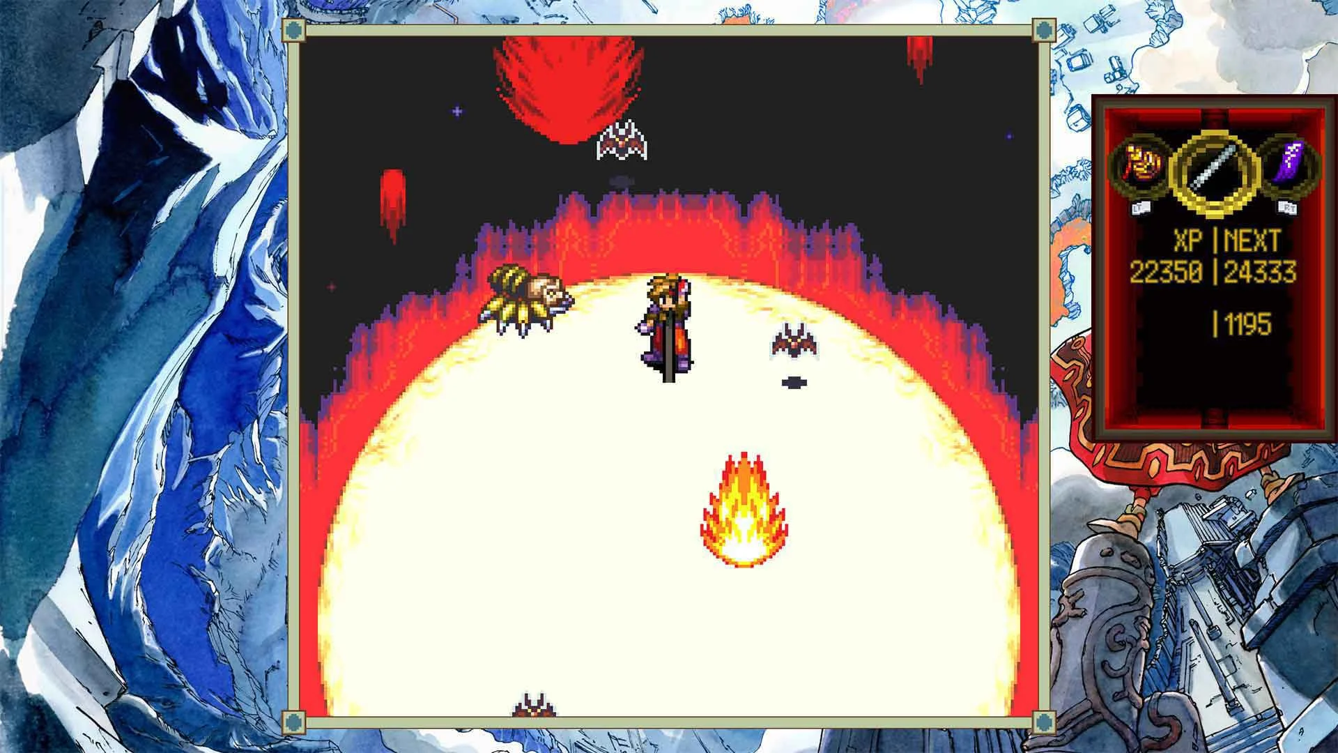 Capture d'écran de la réédition de Terranigma montrant le héros affrontant une créature ailée devant un décor peint
