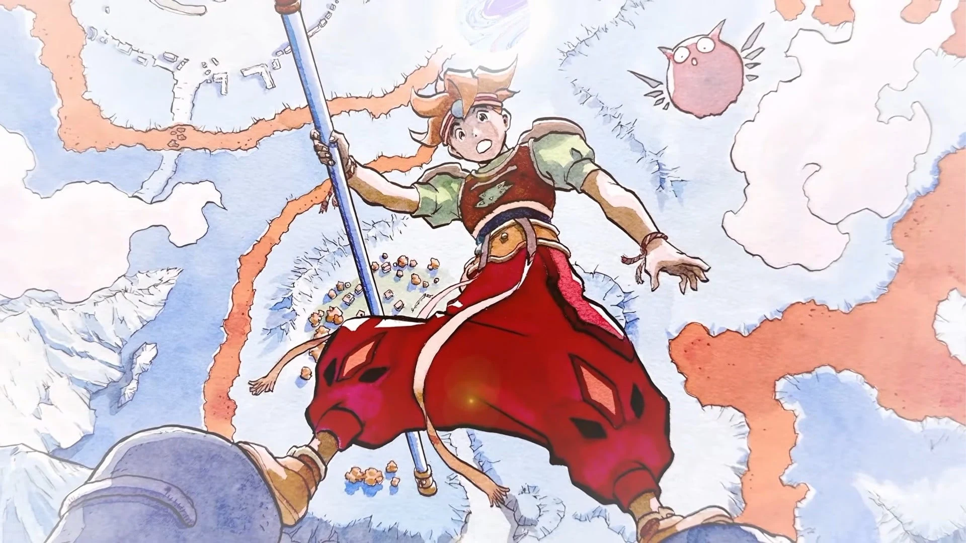 Illustration officielle de Terranigma en aquarelle&nbsp;: le héros vu de haut, agrippé à un long bâton métallique, tombant au-dessus d'une carte parsemée de rivières orangées, une petite créature rose aux grands yeux voletant en haut à droite