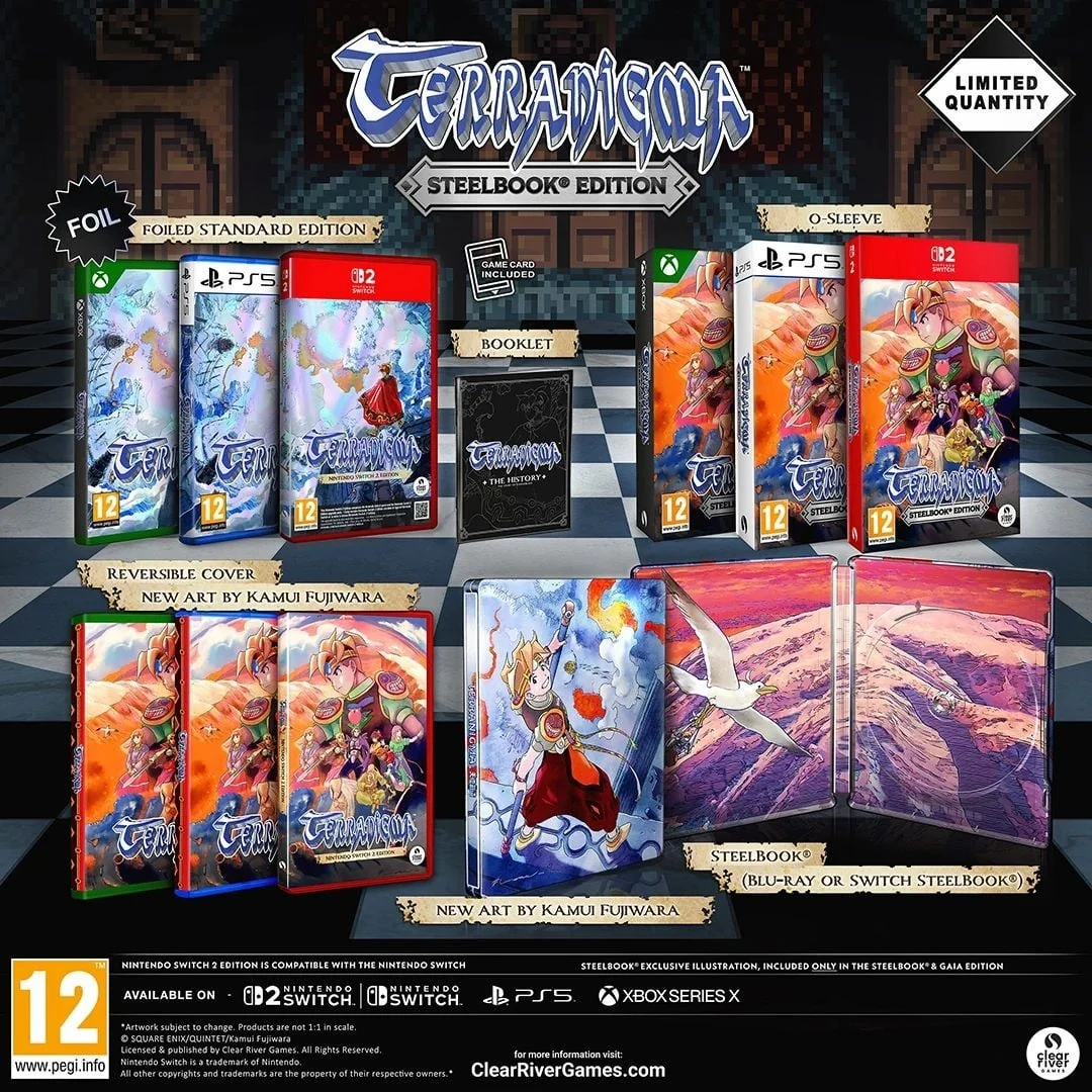 Visuel officiel de la Steelbook Edition de Terranigma&nbsp;: boîtiers Foiled Standard Edition et fourreau O-Sleeve pour Xbox Series X, PlayStation 5 et Nintendo Switch 2, livret « The History », jaquette réversible et steelbook ornés des nouvelles illustrations de Kamui Fujiwara