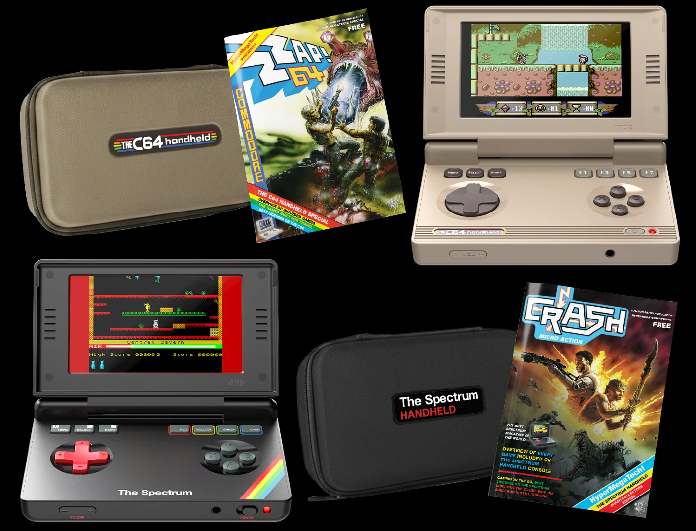Visuel officiel des deux éditions collector. En haut, une housse beige au logo THEC64 handheld, un magazine Zzap!64 et la console beige ouverte. En bas, la console noire ouverte, une housse noire marquée The Spectrum Handheld et un magazine Crash