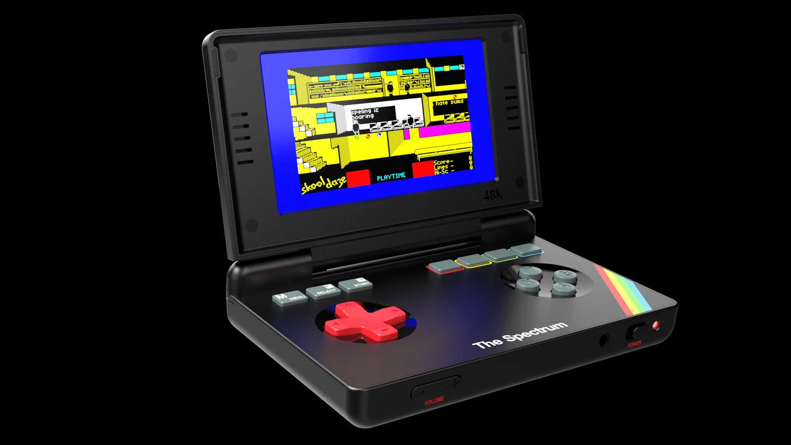 Visuel officiel : la console noire The Spectrum Handheld ouverte, vue de trois quarts sur fond noir, avec sa croix directionnelle rouge, ses touches de couleur et sa bande arc-en-ciel. L'écran affiche le jeu Skool Daze